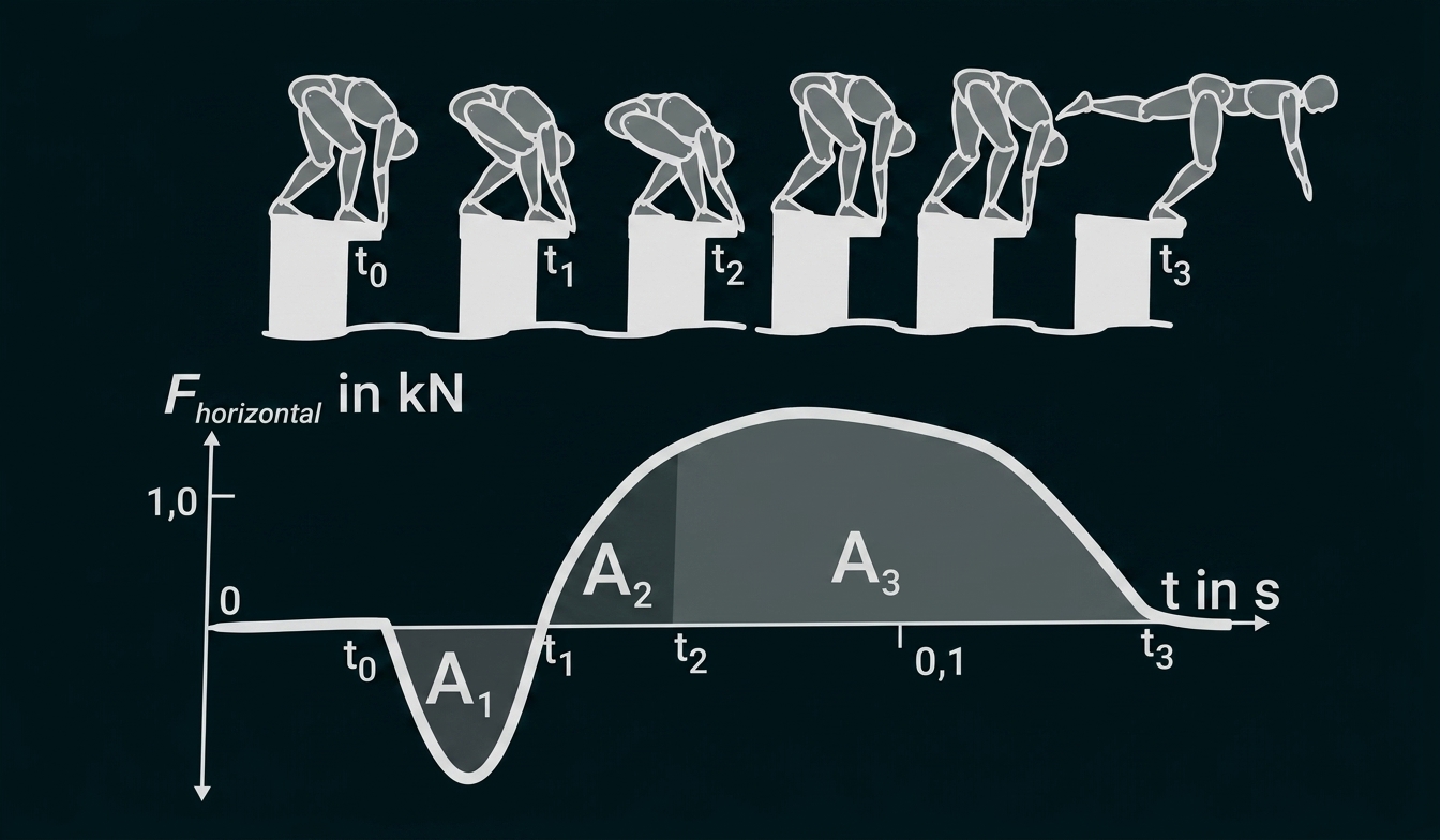 Sprungsequenz über einer Kraft‑Zeit‑Kurve mit markierten Bereichen A1, A2 und A3